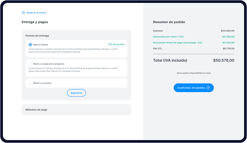 Portal de pedidos B2B en escritorio